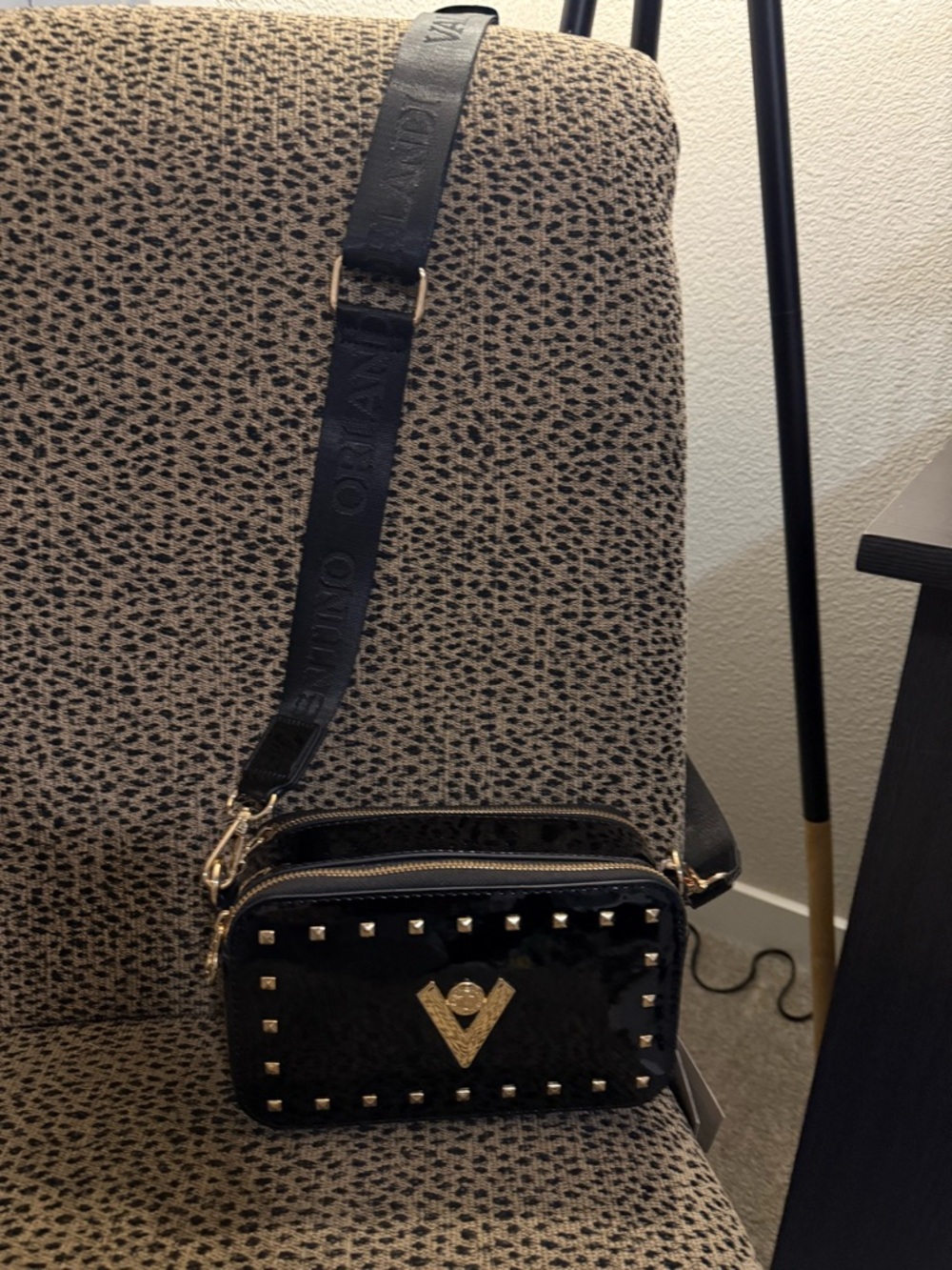 Valentino Orlandi Black Studded Crossbody Camera Bag with Gold Logo